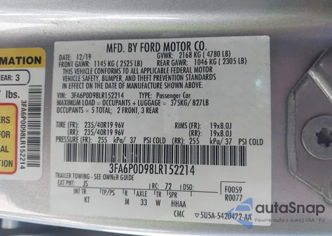 2020 Ford Fusion Titanium из США, поврежденный, VIN 3FA6P0D98LR152214